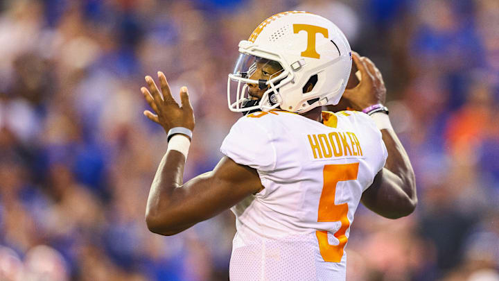 Hendon Hooker #5 of the Tennessee Volunteers looks to pass during a game against the Florida Gators at Ben Hill Griffin Stadium on September 25, 2021 in Gainesville, Florida.