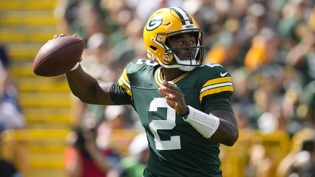 Sep 15, 2024; Green Bay, Wisconsin, USA;  Green Bay Packers quarterback Malik Willis (2) throws a pass during the third quarter against the Indianapolis Colts at Lambeau Field. Mandatory Credit: Jeff Hanisch-Imagn Images