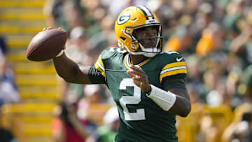 Sep 15, 2024; Green Bay, Wisconsin, USA;  Green Bay Packers quarterback Malik Willis (2) throws a pass during the third quarter against the Indianapolis Colts at Lambeau Field. Mandatory Credit: Jeff Hanisch-Imagn Images