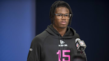 Feb 27, 2025; Indianapolis, IN, USA; Colorado defensive back Travis Hunter (DB15) during the 2025 NFL Combine at Lucas Oil Stadium. Mandatory Credit: Tanner Pearson-Imagn Images