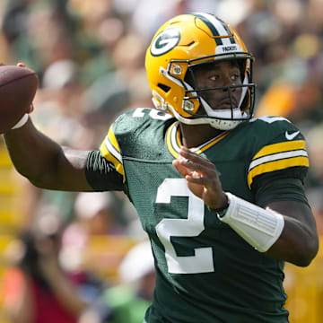 Sep 15, 2024; Green Bay, Wisconsin, USA;  Green Bay Packers quarterback Malik Willis (2) throws a pass during the third quarter against the Indianapolis Colts at Lambeau Field. Mandatory Credit: Jeff Hanisch-Imagn Images