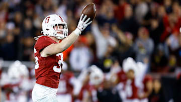 Nov 22, 2025; Stanford, California, USA; Stanford Cardinal linebacker Matt Rose (35) celebrates after recovering a fumble by California Golden Bears quarterback Jaron-Keawe Sagapolutele (3) during the fourth quarter at Stanford Stadium. Mandatory Credit: Sergio Estrada-Imagn Images