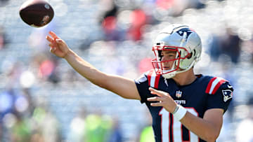 Sep 15, 2024; Foxborough, Massachusetts, USA; New England Patriots quarterback Drake Maye (10) throws the ball before a game against the Seattle Seahawks Gillette Stadium. Mandatory Credit: Brian Fluharty-Imagn Images