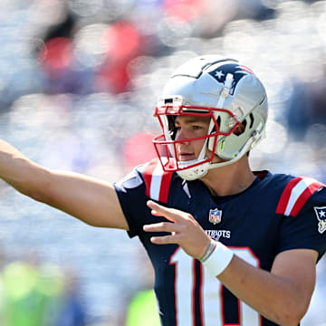 Sep 15, 2024; Foxborough, Massachusetts, USA; New England Patriots quarterback Drake Maye (10) throws the ball before a game against the Seattle Seahawks Gillette Stadium. Mandatory Credit: Brian Fluharty-Imagn Images