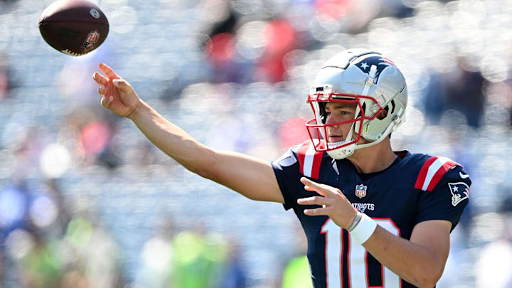 Sep 15, 2024; Foxborough, Massachusetts, USA; New England Patriots quarterback Drake Maye (10) throws the ball before a game against the Seattle Seahawks Gillette Stadium. Mandatory Credit: Brian Fluharty-Imagn Images