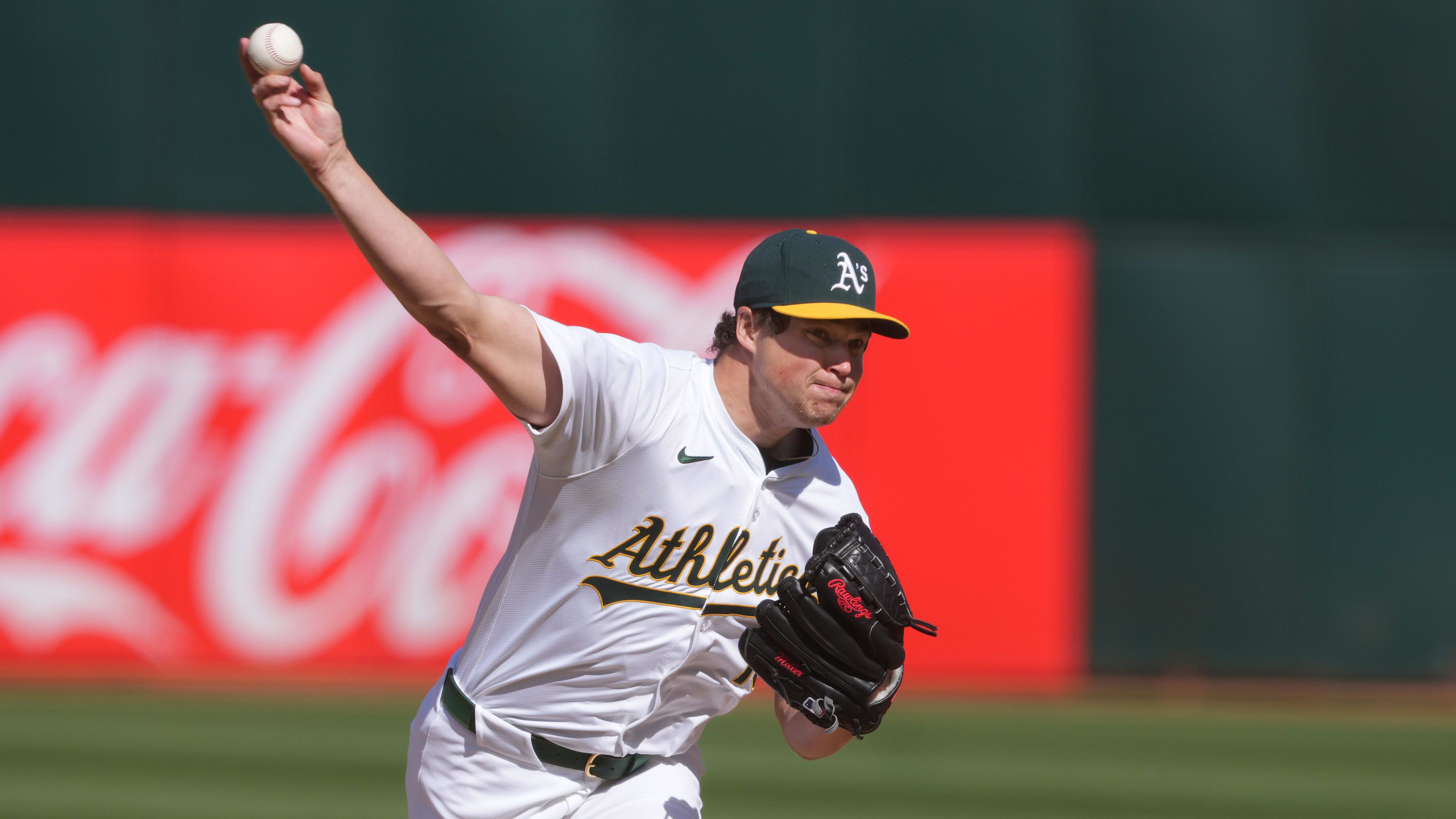 Mar 30, 2024; Oakland, California, USA; Oakland Athletics reliever Mason Miller (19) throws a pitch against Cleveland.
