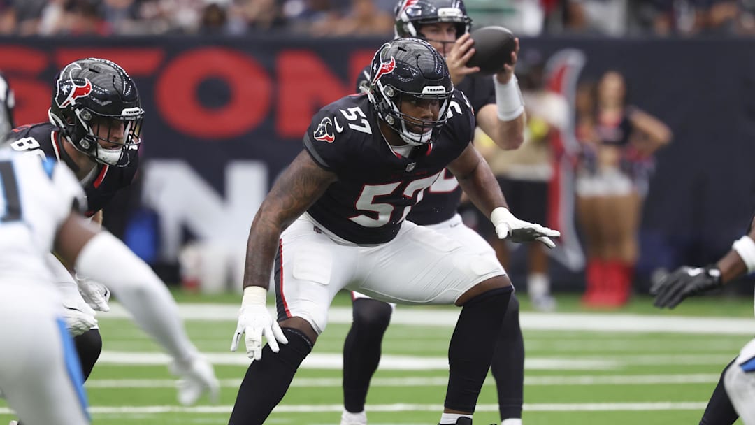 Aug 16, 2025; Houston, Texas, USA; Houston Texans offensive tackle Blake Fisher (57) in action during the game against the Carolina Panthers at NRG Stadium. Mandatory Credit: Troy Taormina-Imagn Images