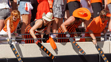 Sep 27, 2025; Stillwater, Oklahoma, USA; Oklahoma State Cowboys student fans prior to the game against the Baylor Bears at Boone Pickens Stadium. Mandatory Credit: William Purnell-Imagn Images