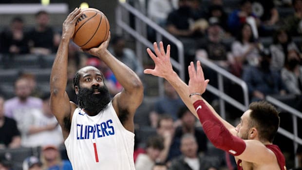 Apr 7, 2024; Los Angeles, California, USA; Los Angeles Clippers guard James Harden (1) 