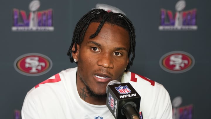 Feb 7, 2024; Las Vegas, NV, USA; San Francisco 49ers cornerback Charvarius Ward (7) during a press conference before Super Bowl LVIII at Hilton Lake Las Vegas Resort and Spa. Mandatory Credit: Kyle Terada-USA TODAY Sports