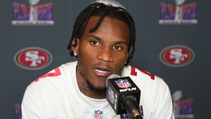 Feb 7, 2024; Las Vegas, NV, USA; San Francisco 49ers cornerback Charvarius Ward (7) during a press conference before Super Bowl LVIII at Hilton Lake Las Vegas Resort and Spa. Mandatory Credit: Kyle Terada-USA TODAY Sports