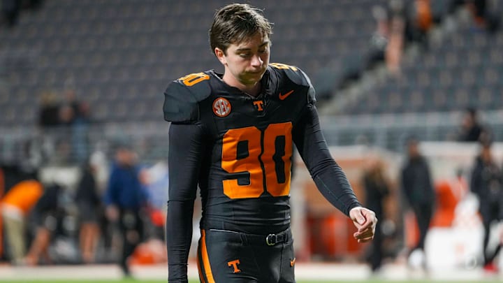 Tennessee place kicker Max Gilbert (90) walks towards the locker room after a NCAA football game between the Tennessee Volunteers and Oklahoma Sooners at Neyland Stadium in Knoxville, Tenn., on November 1, 2025.