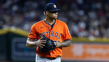 Jul 22, 2025; Phoenix, Arizona, USA; Houston Astros pitcher Bryan Abreu against the Arizona Diamondbacks at Chase Field. Mandatory Credit: Mark J. Rebilas-Imagn Images