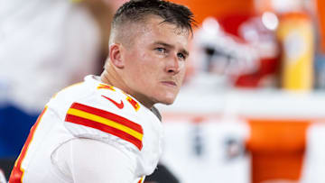 Kansas City Chiefs quarterback Bailey Zappe (14) against the Arizona Cardinals during a preseason NFL game at State Farm Stadium.