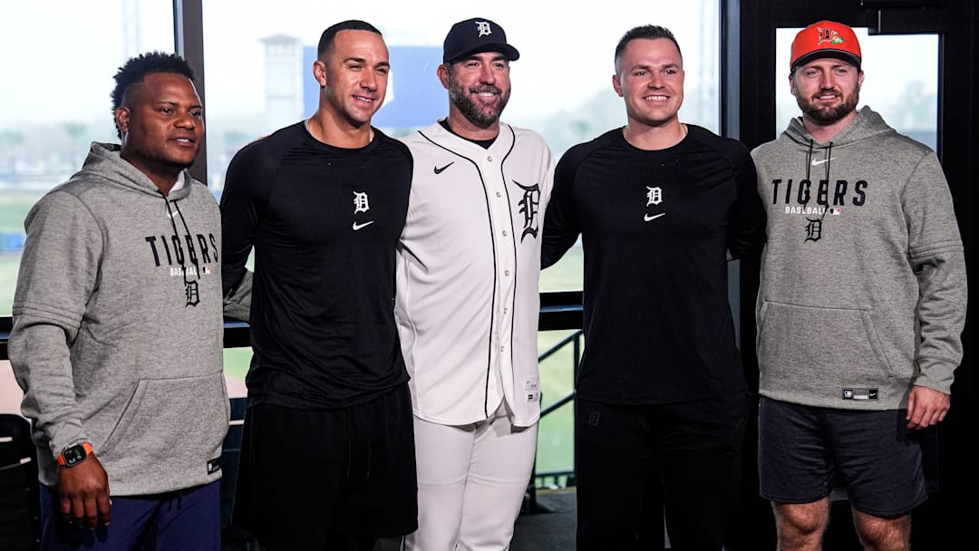 Detroit Tigers pitchers Framber Valdez, Jack Flaherty, Justin Verlander, Tarik Skubal, and Casey Mize