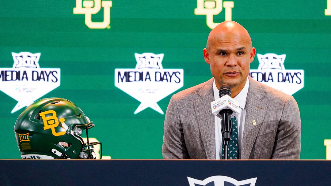 Jul 8, 2025; Frisco, TX, USA; Baylor head coach Dave Aranda addresses the media during 2025 Big 12 Football Media Days at The Star.