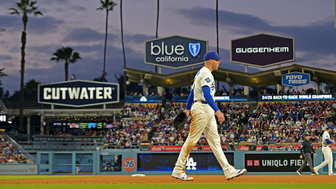 Apr 27, 2026; Los Angeles, California, USA; Los Angeles Dodgers first baseman Freddie Freeman (5) walks on the field during the second inning against the Miami Marlins at Dodger Stadium. Mandatory Credit: Jayne Kamin-Oncea-Imagn Images