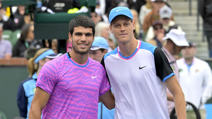 Carlos Alcaraz and Jannik Sinner pose for a photo prior to the start of their semi-final match in the BNP Paribas Open in 2024. Carlos Alcaraz and Jannik Sinner pose for a photo prior to the start of their semi-final match in the BNP Paribas Open in 2024.