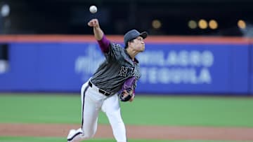 Jul 21, 2025; New York City, New York, USA; New York Mets starting pitcher Kodai Senga (34) pitches against the Los Angeles Angels during the third inning at Citi Field. Mandatory Credit: Brad Penner-Imagn Images