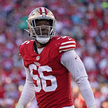 Sep 9, 2024; Santa Clara, California, USA; San Francisco 49ers defensive end Leonard Floyd (56) watches the video replay in the second quarter against the New York Jets at Levi's Stadium. Mandatory Credit: David Gonzales-Imagn Images