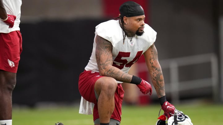 Arizona Cardinals linebacker Xavier Thomas (54) watches from the sidelines during training camp at State Farm Stadium on Aug 6, 2024, in Glendale, Ariz.