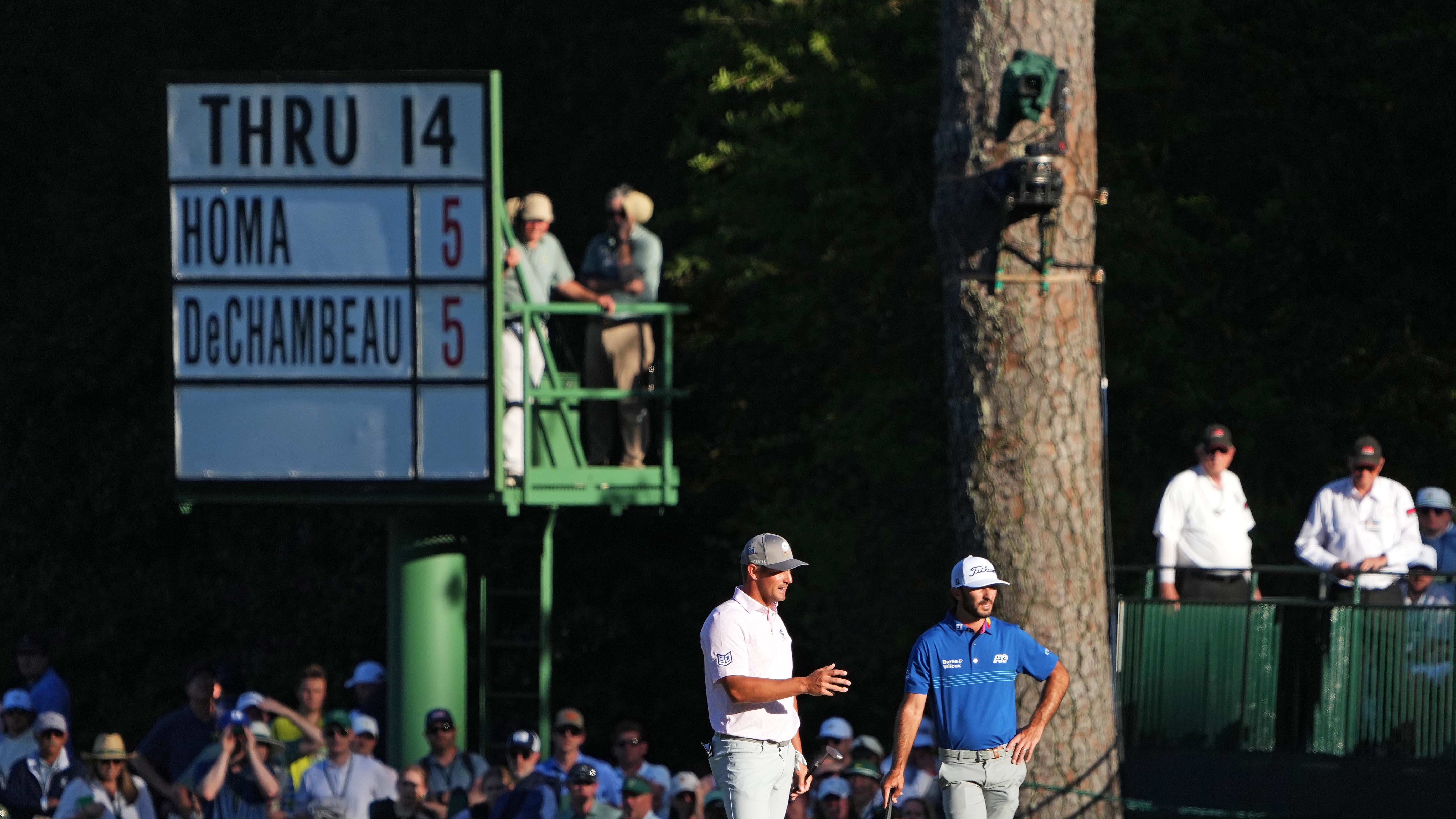 Bryson DeChambeau reacts to his putt on the 15th hole during the third round of the 2024 Masters.