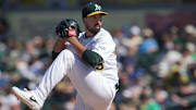 Apr 13, 2025; West Sacramento, California, USA; Athletics pitcher Jason Alexander (49) throws a pitch against the New York Mets during the ninth inning at Sutter Health Park. Mandatory Credit: Darren Yamashita-Imagn Images