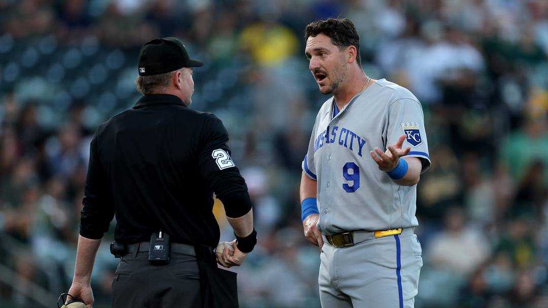 Apr 28, 2026; West Sacramento, California, USA; Kansas City Royals first baseman Vinnie Pasquantino (9) talks with home plate umpire Sean Barber (29) during the middle of the first inning in a game against the Athletics at Sutter Health Park. Mandatory Credit: Dennis Lee-Imagn Images