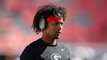 Oct 12, 2024; Athens, Georgia, USA; Georgia Bulldogs quarterback Jaden Rashada (10) warms up before a game against the Mississippi State Bulldogs at Sanford Stadium. Mandatory Credit: Brett Davis-Imagn Images
