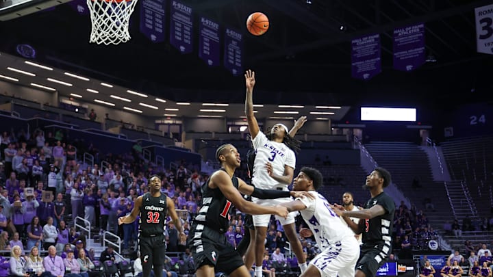 Feb 11, 2026; Manhattan, Kansas, USA; Kansas State Wildcats guard C.J. Jones (3) shoots during the second half against he Cincinnati Bearcats at Bramlage Coliseum. 