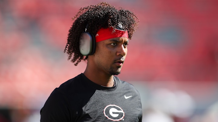Oct 12, 2024; Athens, Georgia, USA; Georgia Bulldogs quarterback Jaden Rashada (10) warms up before a game against the Mississippi State Bulldogs at Sanford Stadium. Mandatory Credit: Brett Davis-Imagn Images
