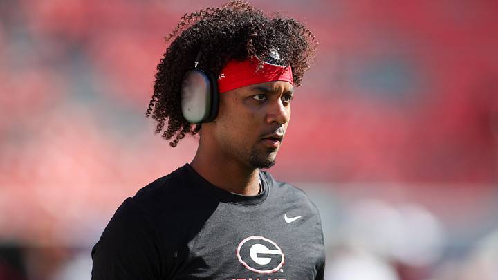 Oct 12, 2024; Athens, Georgia, USA; Georgia Bulldogs quarterback Jaden Rashada (10) warms up before a game against the Mississippi State Bulldogs at Sanford Stadium. Mandatory Credit: Brett Davis-Imagn Images
