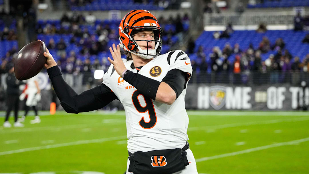 Bengals Joe Burrow (9) warms up before their game against the Ravens on Thanksgiving November 27, 2025 at M&T Stadium.