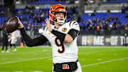 Bengals Joe Burrow (9) warms up before their game against the Ravens on Thanksgiving November 27, 2025 at M&T Stadium.