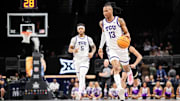 Mar 11, 2025; Kansas City, MO, USA; TCU Horned Frogs forward Trazarien White (13) brings the ball up court during the first half against the Colorado Buffaloes at T-Mobile Center. Mandatory Credit: William Purnell-Imagn Images