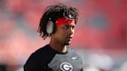 Oct 12, 2024; Athens, Georgia, USA; Georgia Bulldogs quarterback Jaden Rashada (10) warms up before a game against the Mississippi State Bulldogs at Sanford Stadium. Mandatory Credit: Brett Davis-Imagn Images
