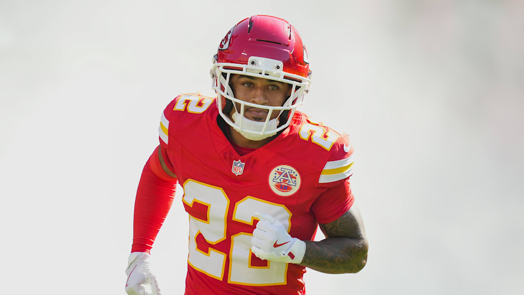 Sep 28, 2025; Kansas City, Missouri, USA; Kansas City Chiefs cornerback Trent McDuffie (22) takes the field prior to a game against the Baltimore Ravens at GEHA Field at Arrowhead Stadium. Mandatory Credit: Jay Biggerstaff-Imagn Images