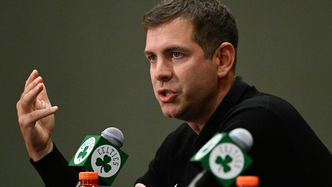 Sep 25, 2025; Boston, MA, USA;  Boston Celtics president of basketball operations Brad Stevens speaks during a press conference at the Auerbach Center. Mandatory Credit: Eric Canha-Imagn Images