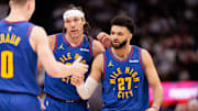 Apr 20, 2024; Denver, Colorado, USA; Denver Nuggets guard Jamal Murray (27) and forward Aaron Gordon (50) react during the fourth quarter against the Los Angeles Lakers in game one of the first round for the 2024 NBA playoffs at Ball Arena. Mandatory Credit: Andrew Wevers-Imagn Images
