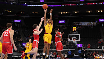 Nov 14, 2025; Inglewood, California, USA;  Southern California Trojans guard Rodney Rice (1) shoots a jump shot during the first half of the Hall of Fame Series game against the Illinois State Redbirds at Intuit Dome. Mandatory Credit: Kiyoshi Mio-Imagn Images