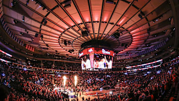Jan 20, 2024; New York, New York, USA;  The starting lineups are introduced prior to the game between the Marquette Golden Eagles and the St. John's basketball team at Madison Square Garden