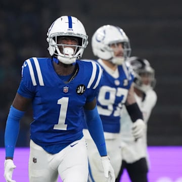 Nov 9, 2025; Berlin, Germany; Indianapolis Colts cornerback Sauce Gardner (1) reacts against the Atlanta Falcons during the NFL Berlin Game at Olympic Stadium. Mandatory Credit: Kirby Lee-Imagn Images