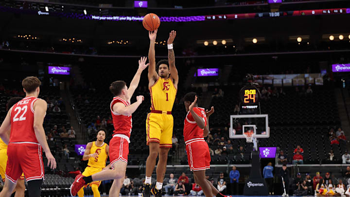 Nov 14, 2025; Inglewood, California, USA;  Southern California Trojans guard Rodney Rice (1) shoots a jump shot during the first half of the Hall of Fame Series game against the Illinois State Redbirds at Intuit Dome. Mandatory Credit: Kiyoshi Mio-Imagn Images