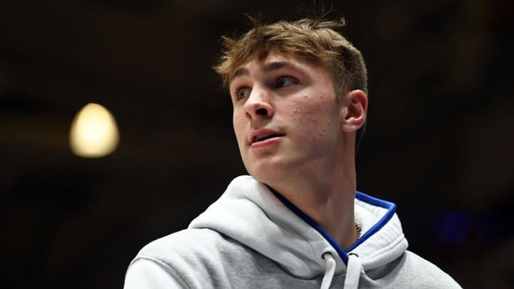 Oct 20, 2023; Durham, NC, USA; Duke Blue Devils recruit Cooper Flagg during Countdown to Craziness at Cameron Indoor Stadium. Mandatory Credit: Rob Kinnan-USA TODAY Sports