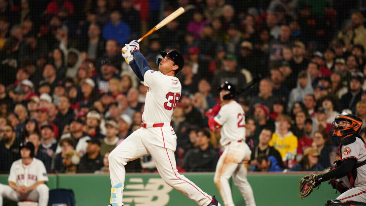Apr 10, 2024; Boston, Massachusetts, USA; Boston Red Sox first base Triston Casas (36) hits a two run home run against the Baltimore Orioles in the fifth inning at Fenway Park. Mandatory Credit: David Butler II-USA TODAY Sports