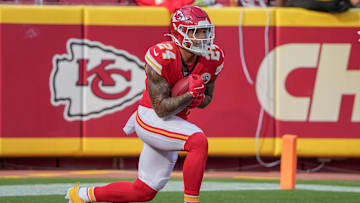 Sep 15, 2024; Kansas City, Missouri, USA; Kansas City Chiefs wide receiver Skyy Moore (24) catches a kick against the Cincinnati Bengals during the game at GEHA Field at Arrowhead Stadium.