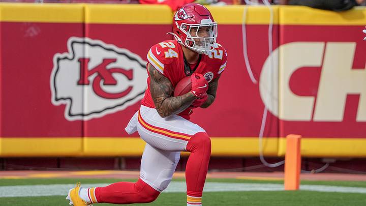 Sep 15, 2024; Kansas City, Missouri, USA; Kansas City Chiefs wide receiver Skyy Moore (24) catches a kick against the Cincinnati Bengals during the game at GEHA Field at Arrowhead Stadium. Mandatory Credit: Denny Medley-Imagn Images