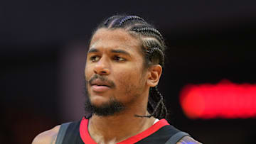 Apr 26, 2025; San Francisco, California, USA; Houston Rockets guard Jalen Green (4) during the fourth quarter of game three of first round for the 2024 NBA Playoffs against the Golden State Warriors at Chase Center. Mandatory Credit: Darren Yamashita-Imagn Images