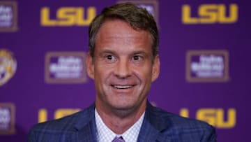 Dec 1, 2025; Baton Rouge, LA, USA; LSU new head coach Lane Kiffin speaks at South Stadium Club at Tiger Stadium. Mandatory Credit: Matthew Hinton-Imagn Images