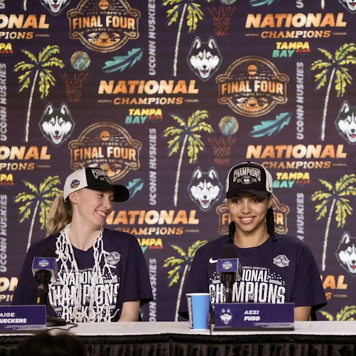 UConn stars Paige Bueckers and Azzi Fudd speak to the media after winning the national championship. 